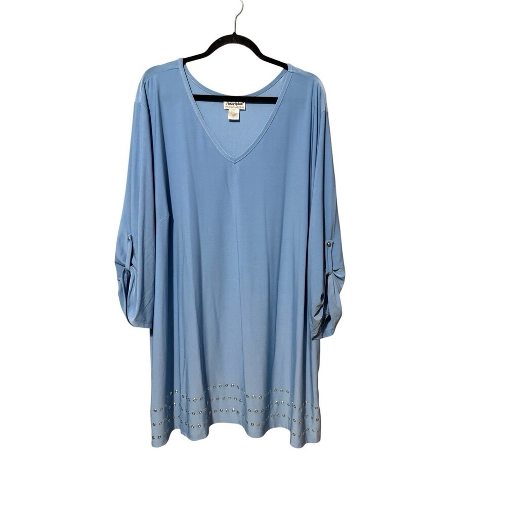 Anthony Richards Tunic Top 4X Blue V Neck Studded Hem 3/4 Sleeve Plus